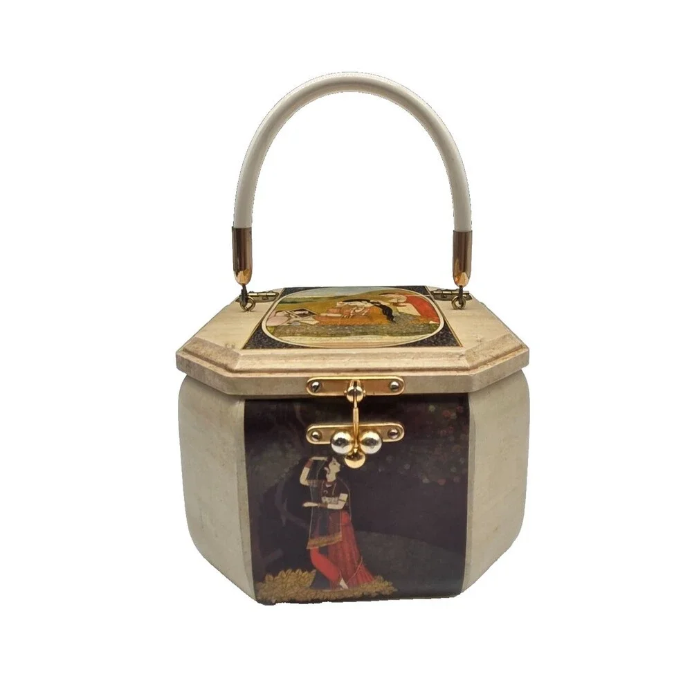 Vintage 1970s Wooden Lacquer Box Purse Indian Motif Felt Lining
